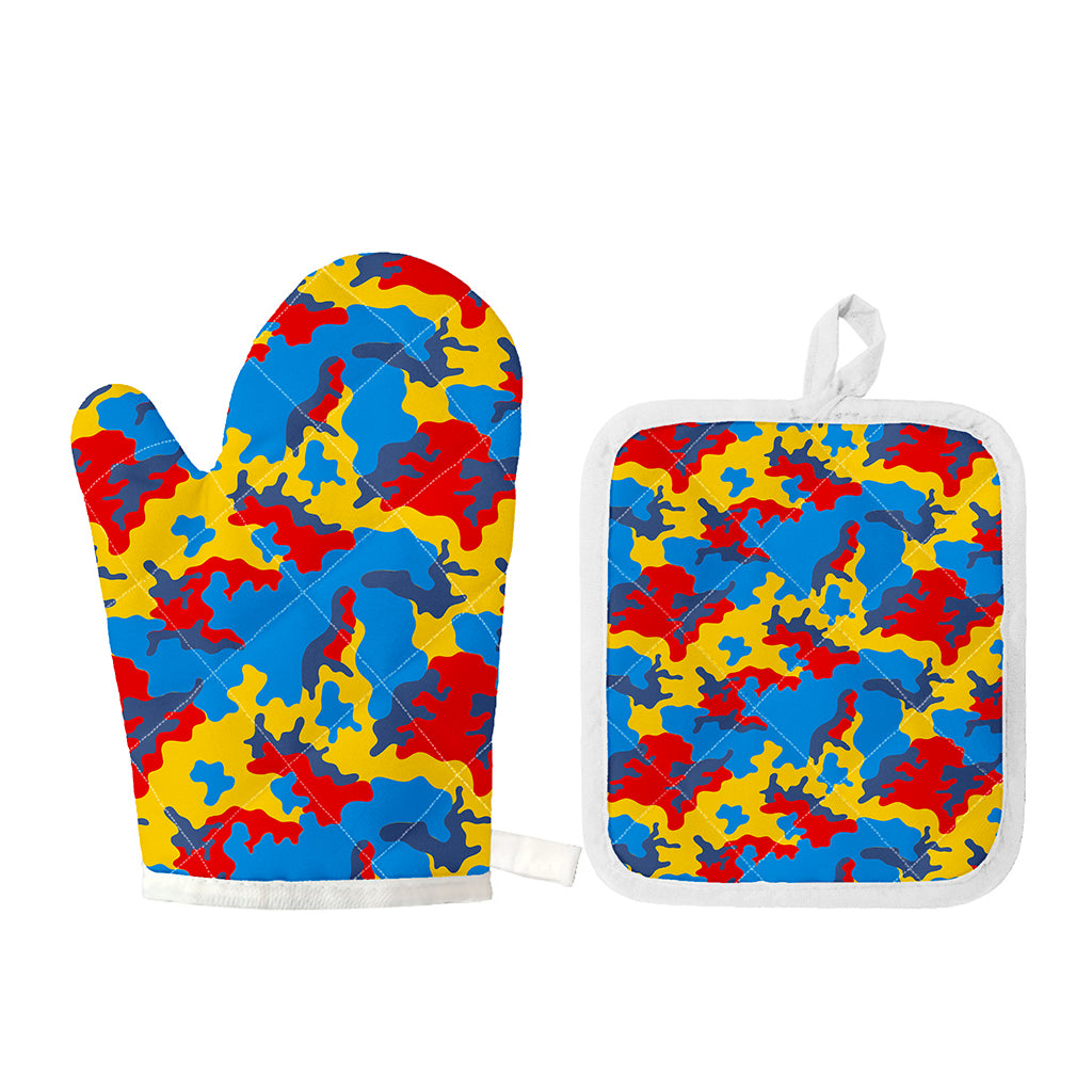 Red Yellow And Blue Camouflage Print Oven Mitt And Pot Holder Set