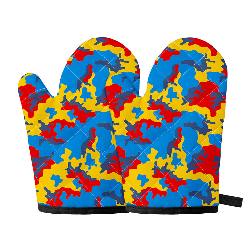 Red Yellow And Blue Camouflage Print Oven Mitts