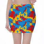 Red Yellow And Blue Camouflage Print Pencil Mini Skirt