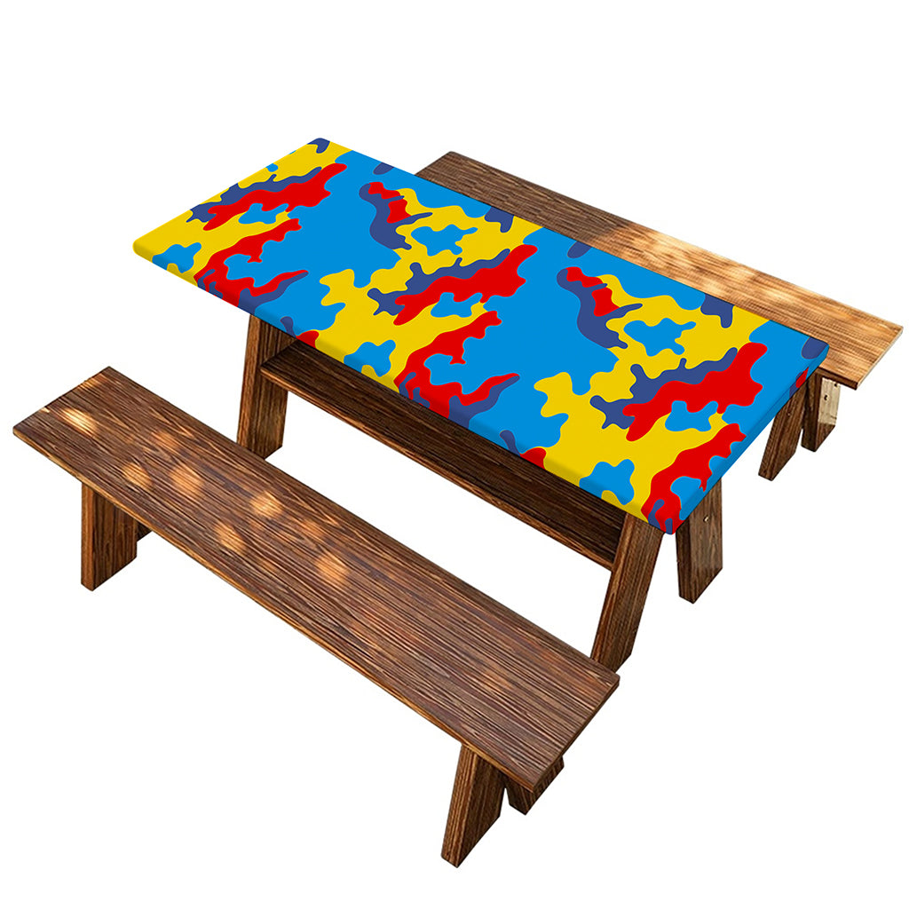 Red Yellow And Blue Camouflage Print Picnic Table Cover