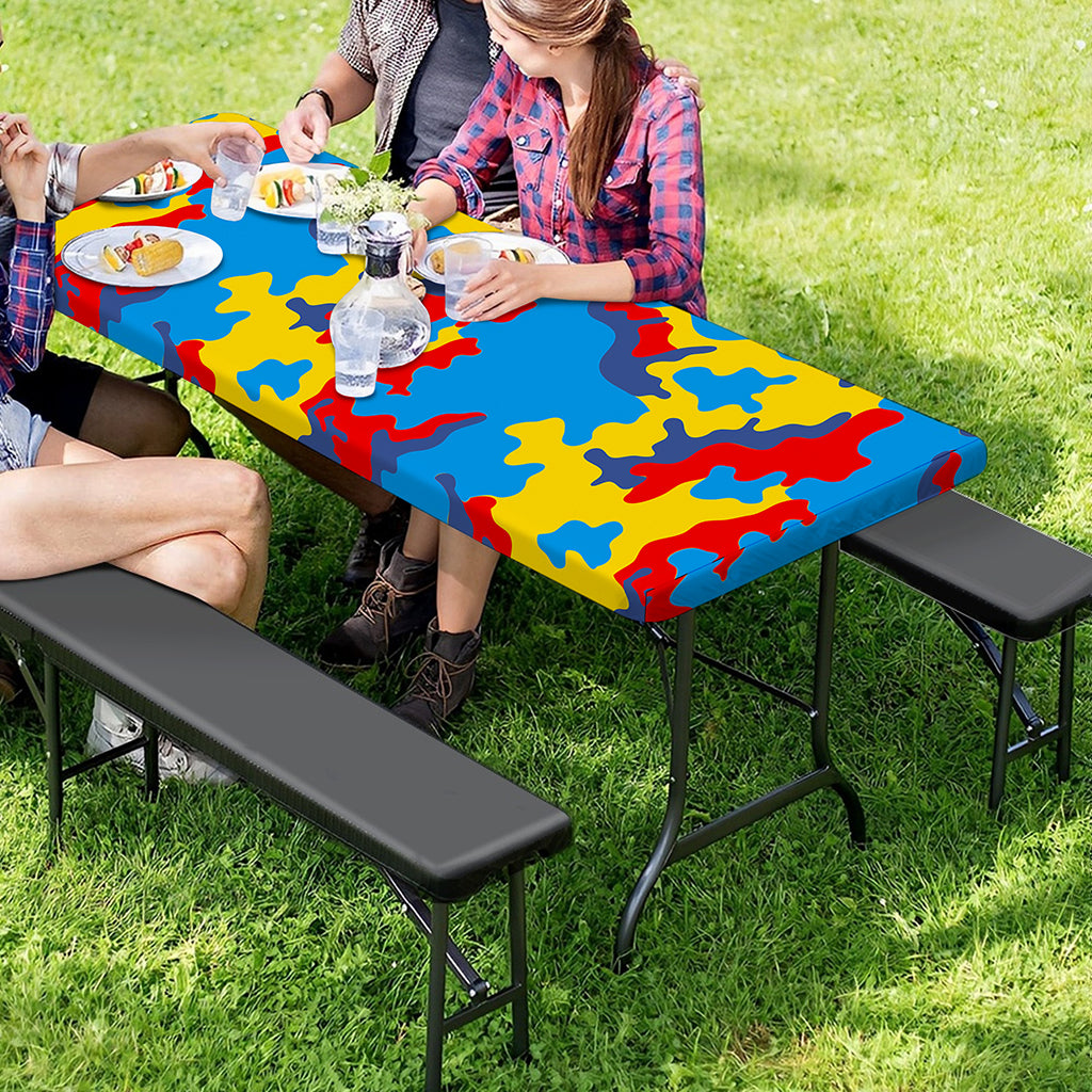 Red Yellow And Blue Camouflage Print Picnic Table Cover