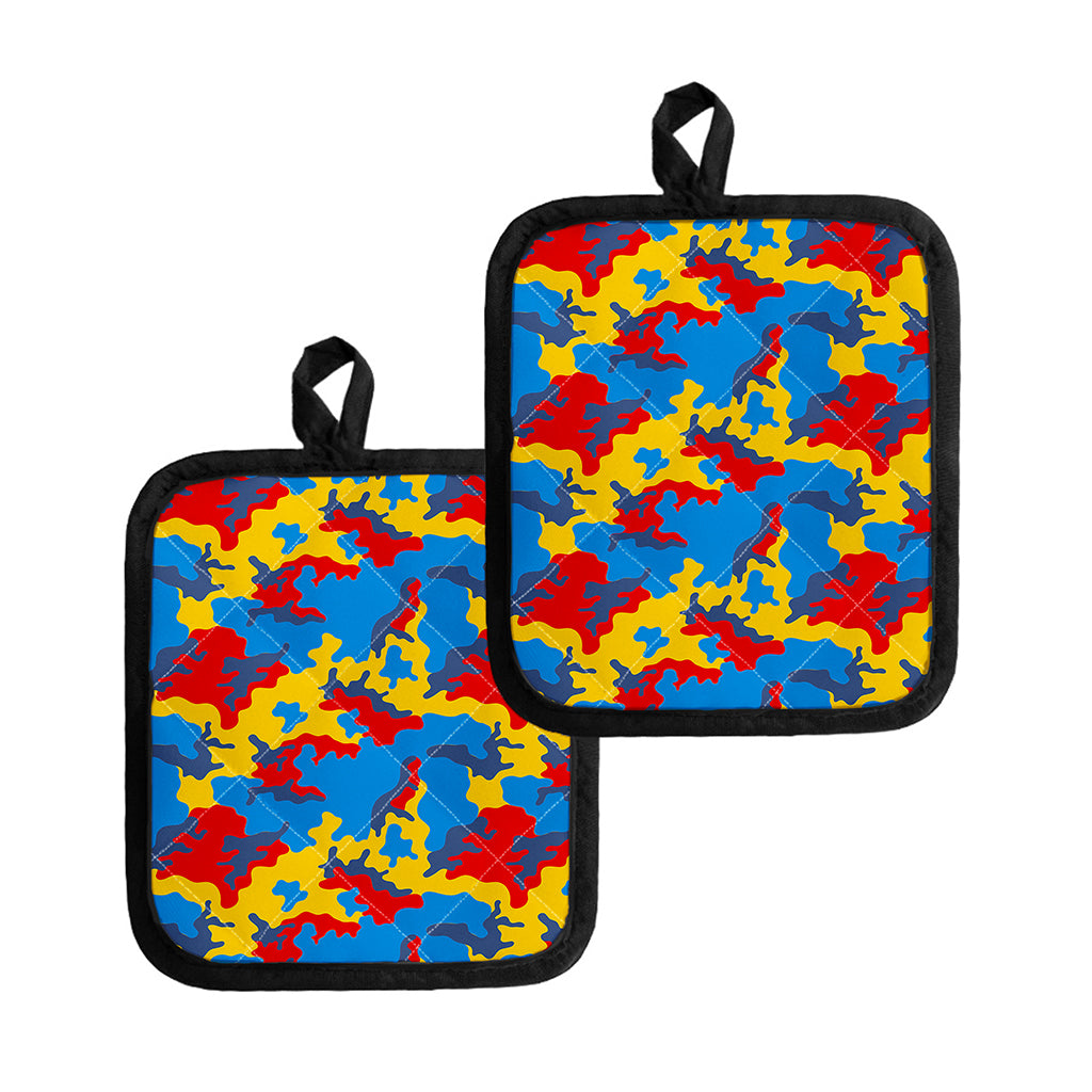 Red Yellow And Blue Camouflage Print Pot Holders