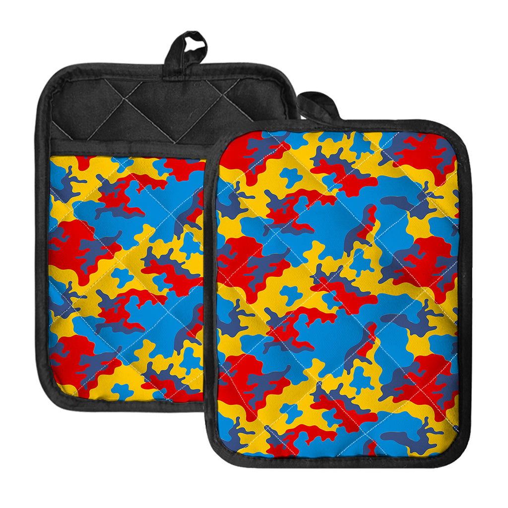 Red Yellow And Blue Camouflage Print Pot Holders With Pocket