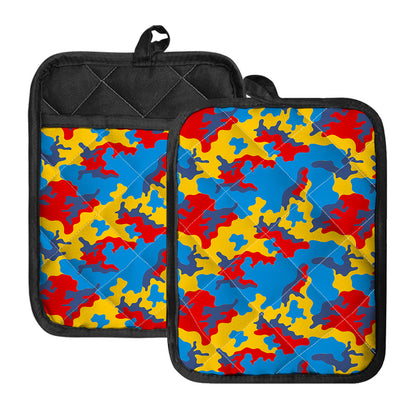 Red Yellow And Blue Camouflage Print Pot Holders With Pocket
