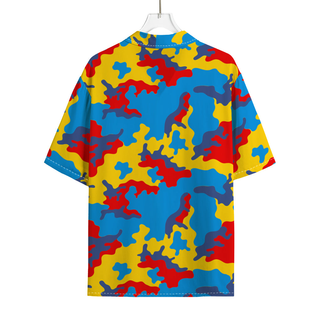 Red Yellow And Blue Camouflage Print Rayon Hawaiian Shirt