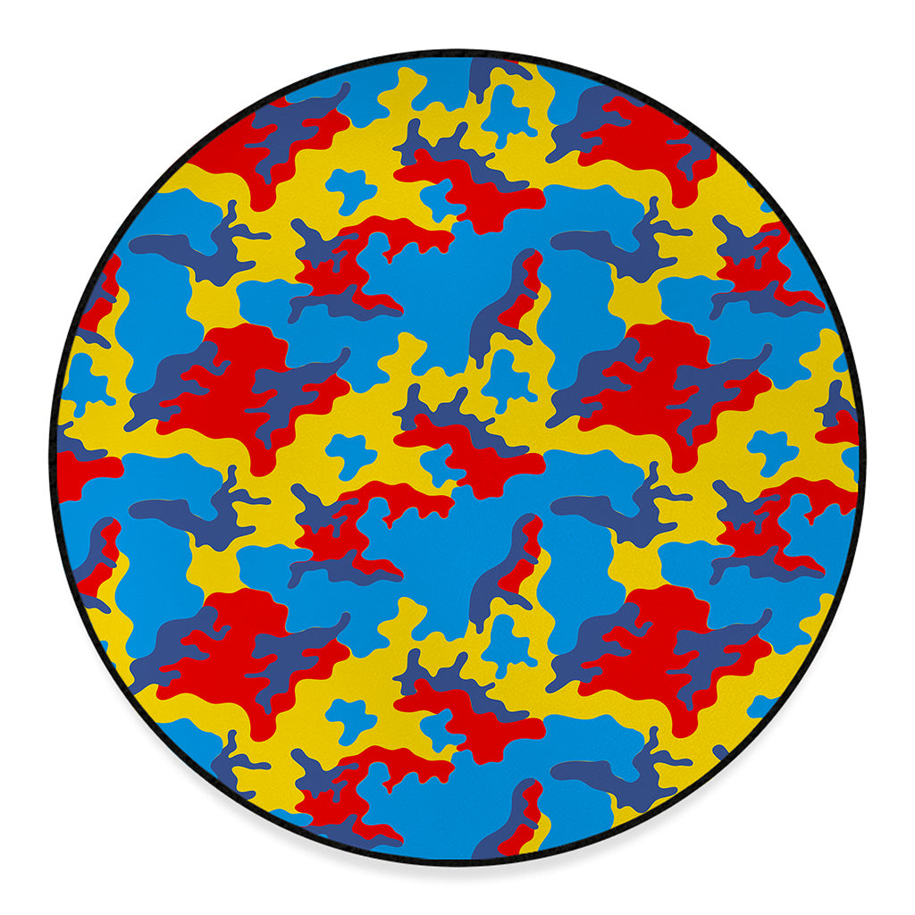 Red Yellow And Blue Camouflage Print Round Floor Mat