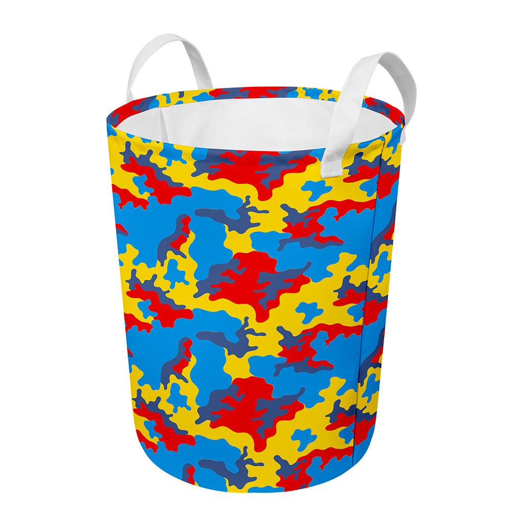 Red Yellow And Blue Camouflage Print Round Laundry Basket