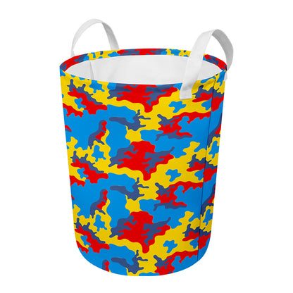 Red Yellow And Blue Camouflage Print Round Laundry Basket