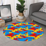 Red Yellow And Blue Camouflage Print Round Rug