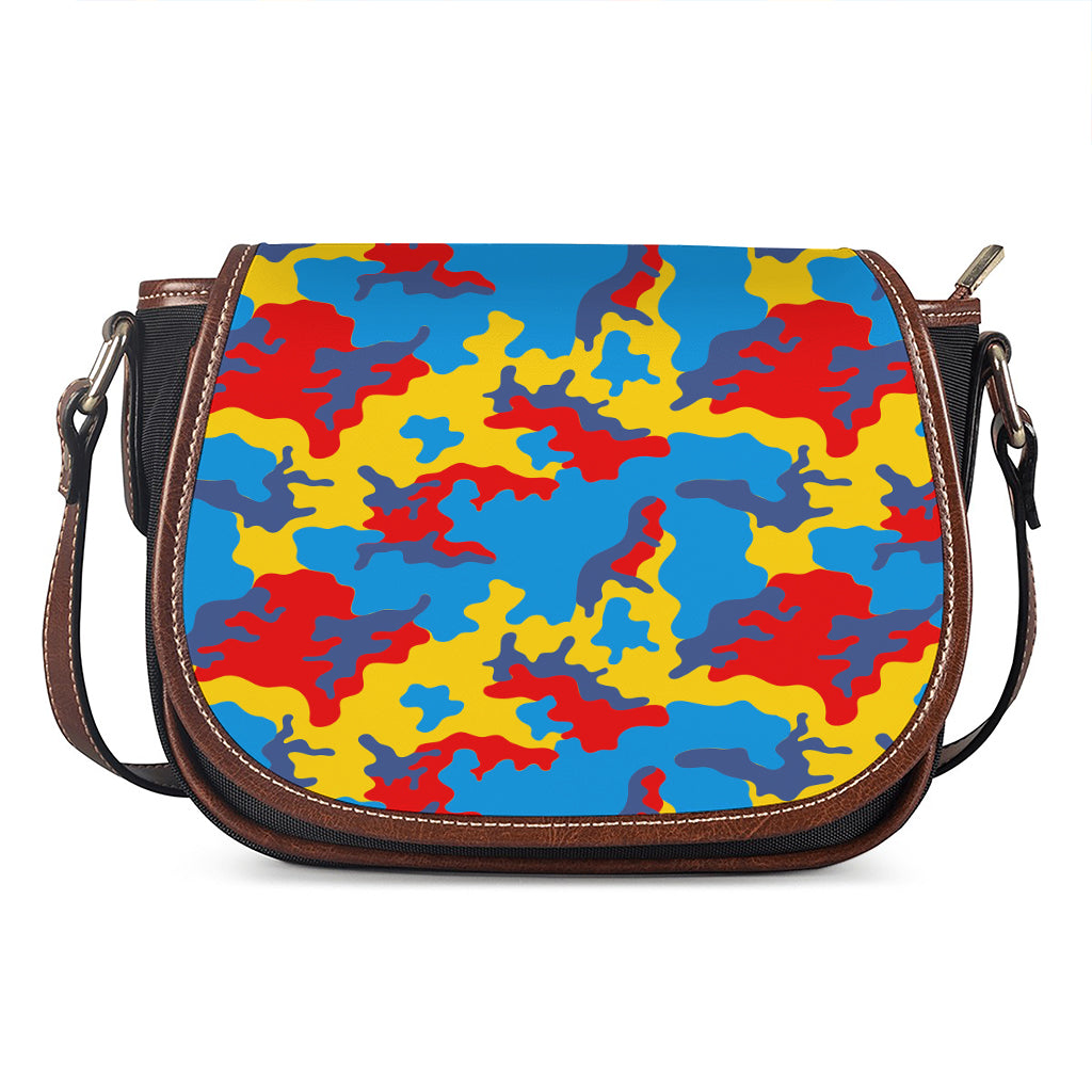 Red Yellow And Blue Camouflage Print Saddle Bag