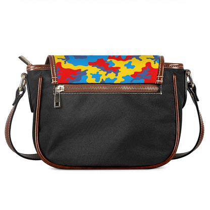 Red Yellow And Blue Camouflage Print Saddle Bag