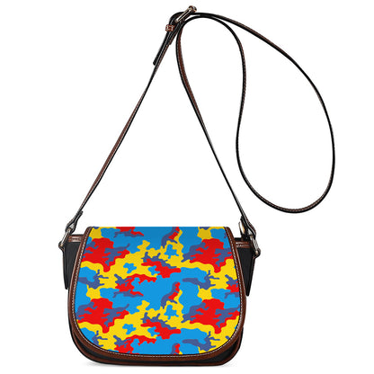 Red Yellow And Blue Camouflage Print Saddle Bag