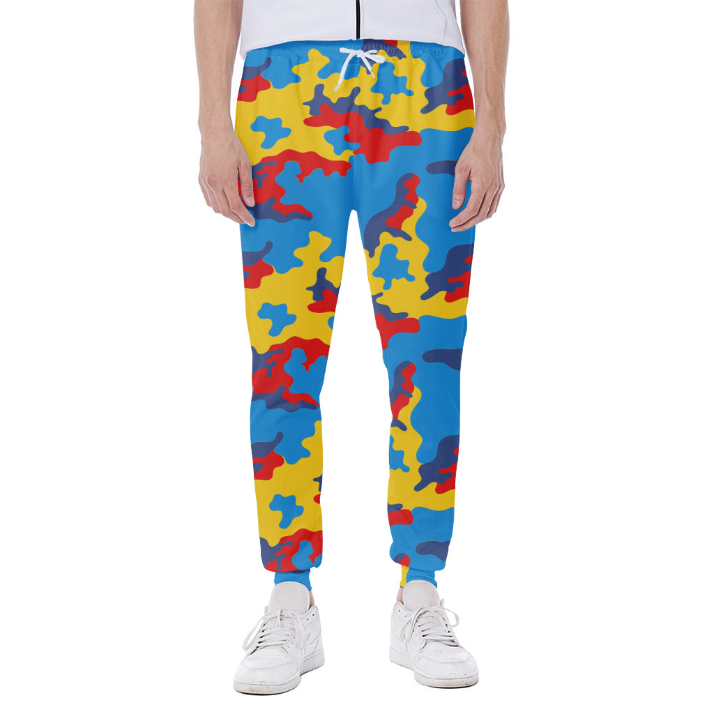 Red Yellow And Blue Camouflage Print Scuba Joggers