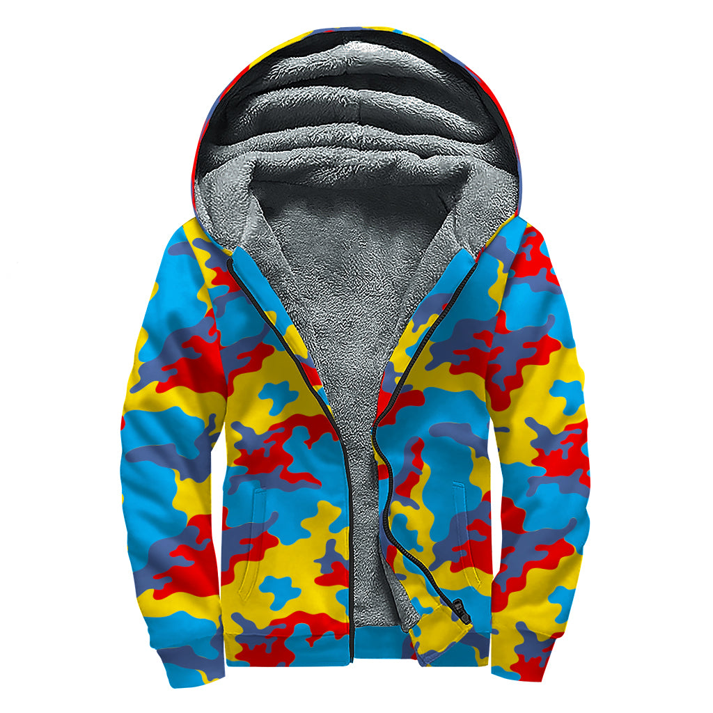 Red Yellow And Blue Camouflage Print Sherpa Lined Zip Up Hoodie