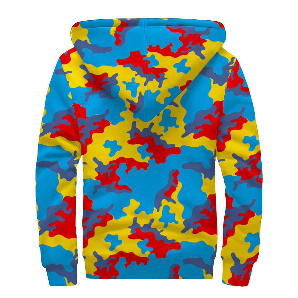 Red Yellow And Blue Camouflage Print Sherpa Lined Zip Up Hoodie