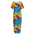 Red Yellow And Blue Camouflage Print Short Sleeve Long Nightdress