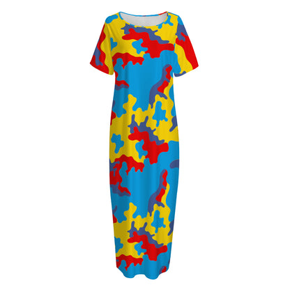 Red Yellow And Blue Camouflage Print Short Sleeve Long Nightdress