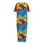 Red Yellow And Blue Camouflage Print Short Sleeve Long Nightdress