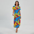 Red Yellow And Blue Camouflage Print Short Sleeve Maxi Dress