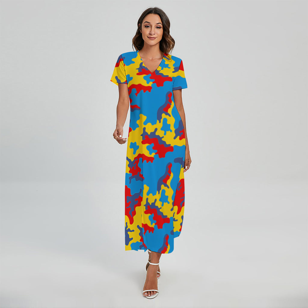 Red Yellow And Blue Camouflage Print Short Sleeve Maxi Dress
