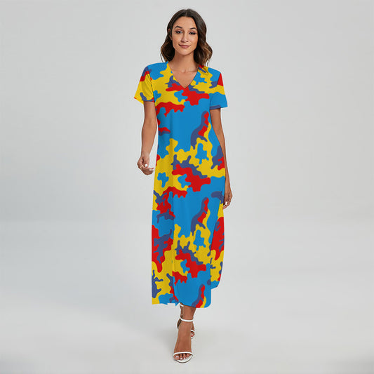 Red Yellow And Blue Camouflage Print Short Sleeve Maxi Dress