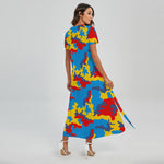 Red Yellow And Blue Camouflage Print Short Sleeve Maxi Dress