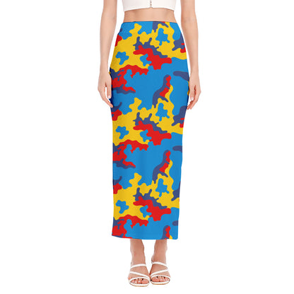 Red Yellow And Blue Camouflage Print Side Slit Maxi Skirt