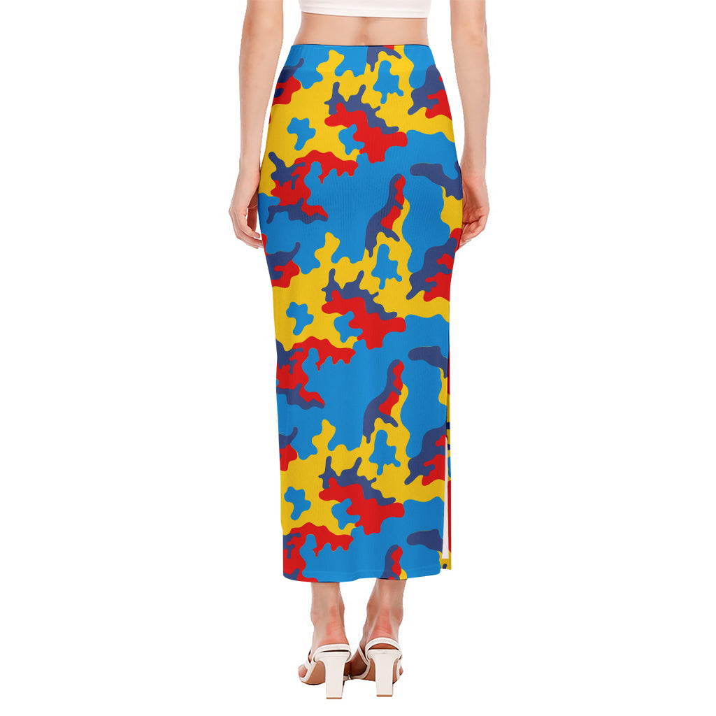 Red Yellow And Blue Camouflage Print Side Slit Maxi Skirt