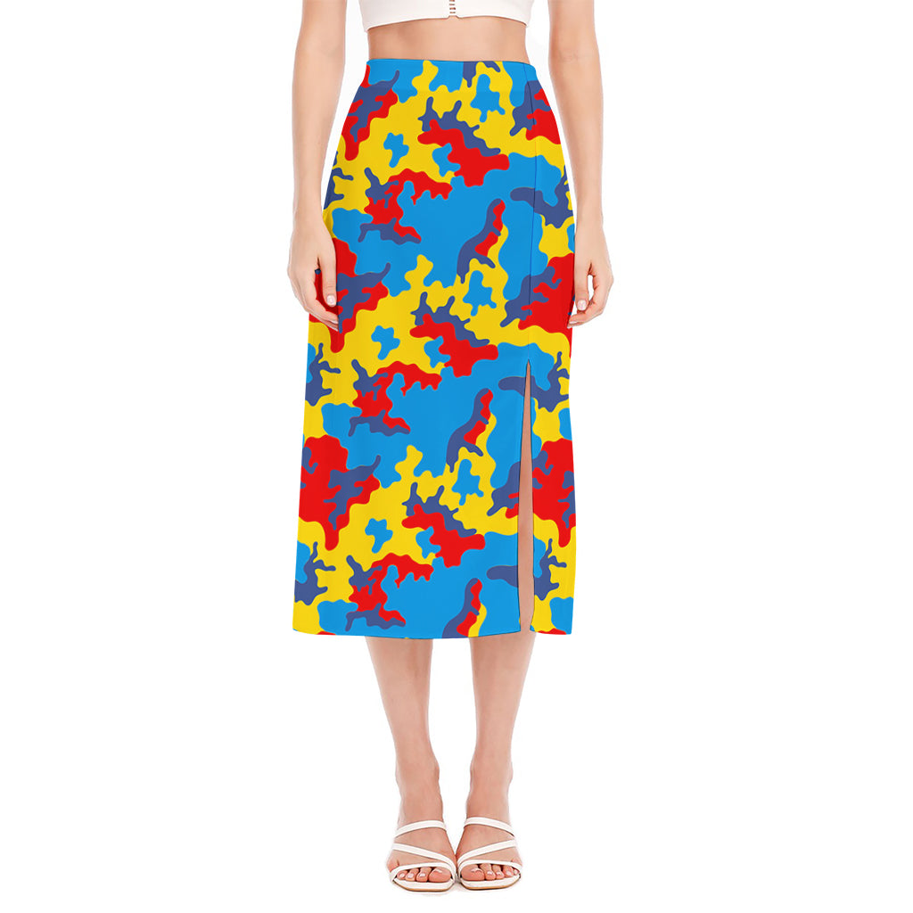 Red Yellow And Blue Camouflage Print Side Slit Midi Skirt