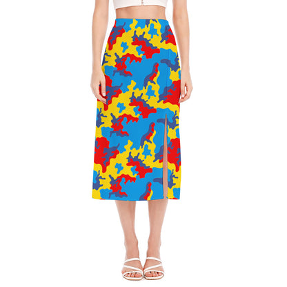 Red Yellow And Blue Camouflage Print Side Slit Midi Skirt