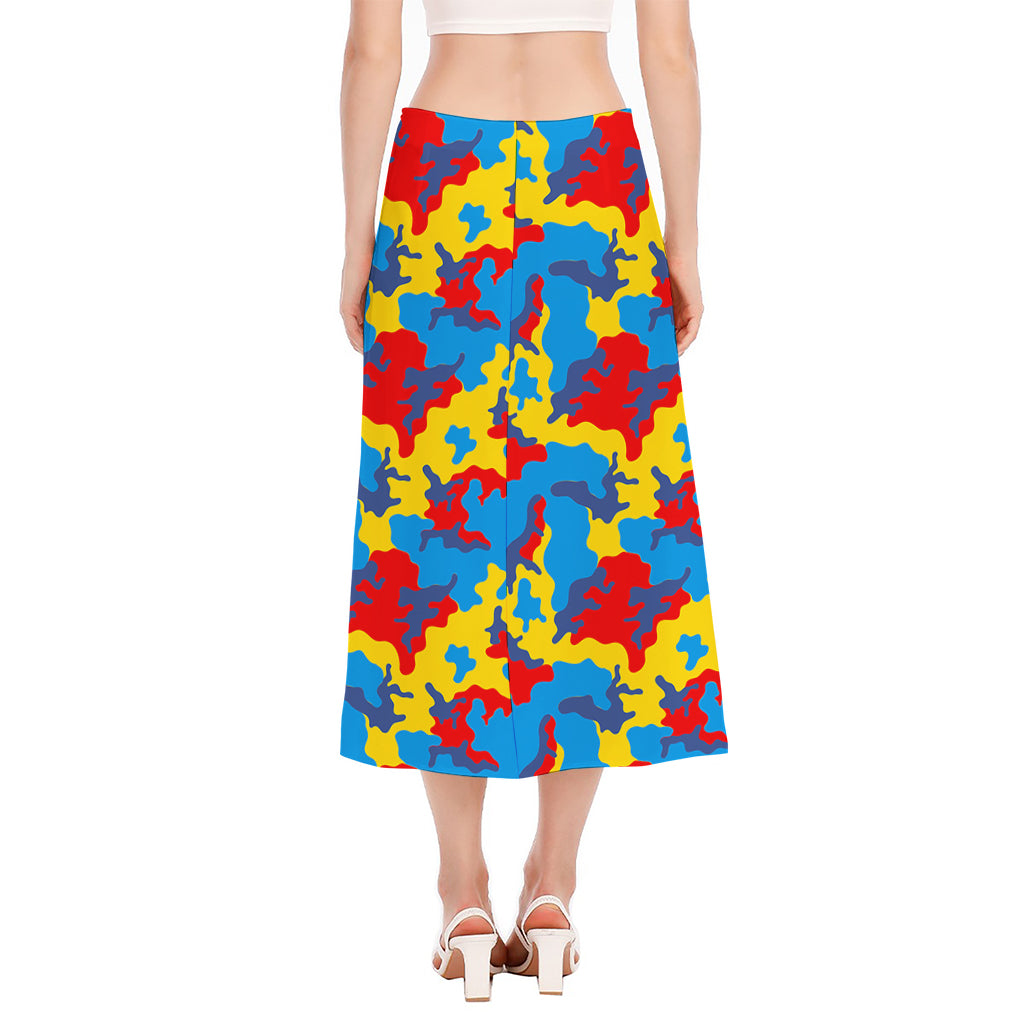 Red Yellow And Blue Camouflage Print Side Slit Midi Skirt