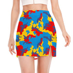 Red Yellow And Blue Camouflage Print Side Slit Mini Skirt