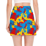 Red Yellow And Blue Camouflage Print Side Slit Mini Skirt