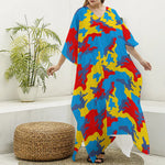 Red Yellow And Blue Camouflage Print Silk V-Neck Kaftan Dress