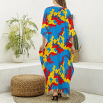 Red Yellow And Blue Camouflage Print Silk V-Neck Kaftan Dress