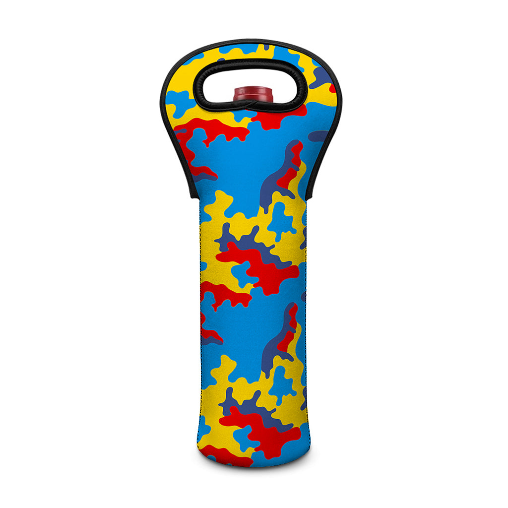 Red Yellow And Blue Camouflage Print Single Neoprene Wine Tote