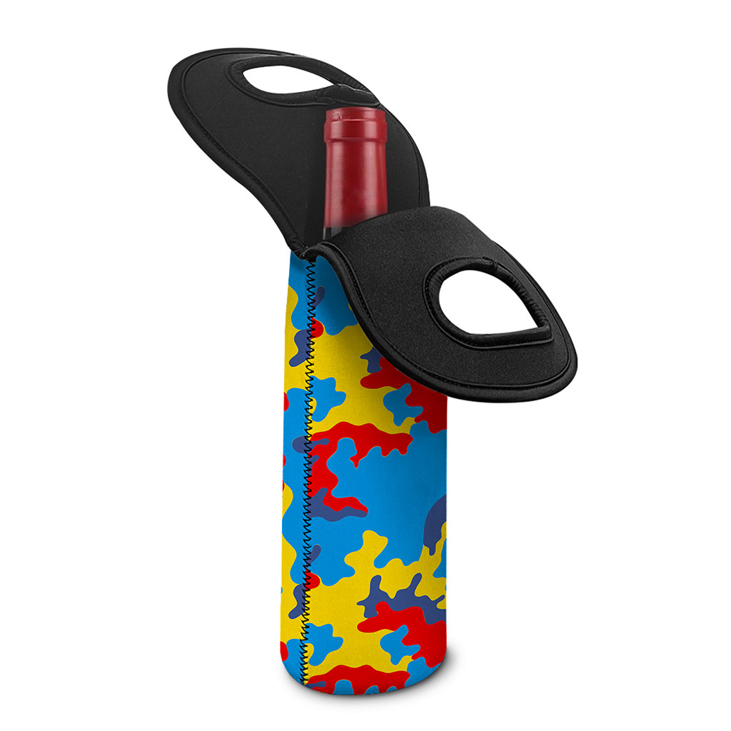 Red Yellow And Blue Camouflage Print Single Neoprene Wine Tote