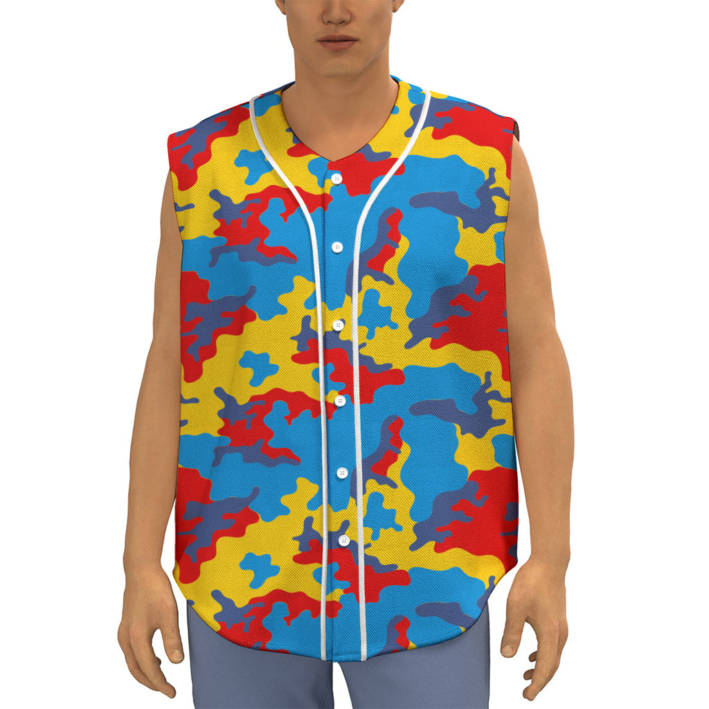 Red Yellow And Blue Camouflage Print Sleeveless Baseball Jersey
