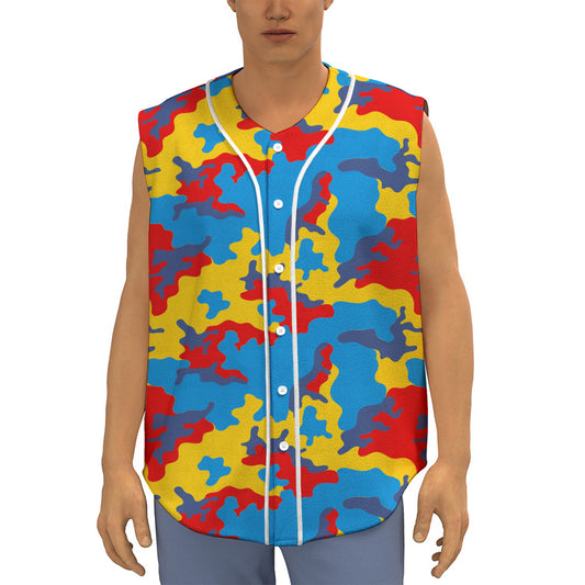 Red Yellow And Blue Camouflage Print Sleeveless Baseball Jersey