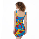 Red Yellow And Blue Camouflage Print Sleeveless Bodycon Dress