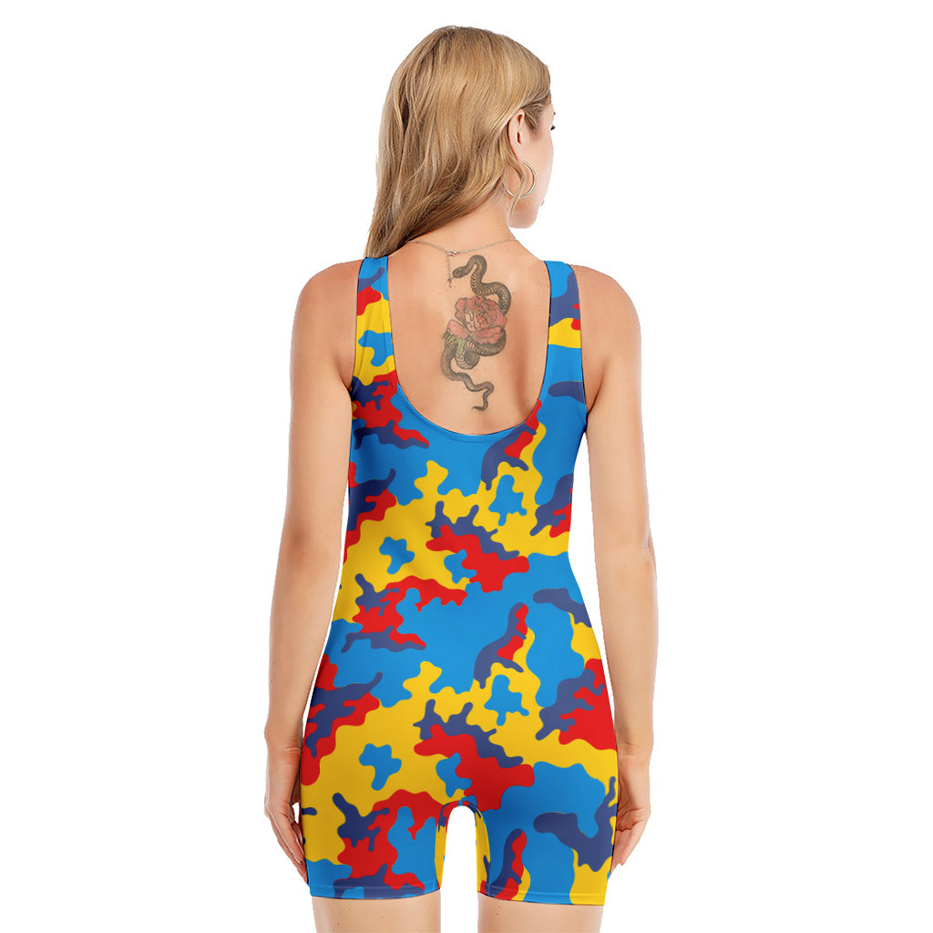 Red Yellow And Blue Camouflage Print Sleeveless One Piece Swimsuit