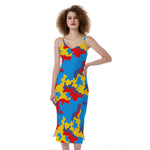 Red Yellow And Blue Camouflage Print Slim Fit Midi Cami Dress