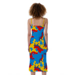Red Yellow And Blue Camouflage Print Slim Fit Midi Cami Dress