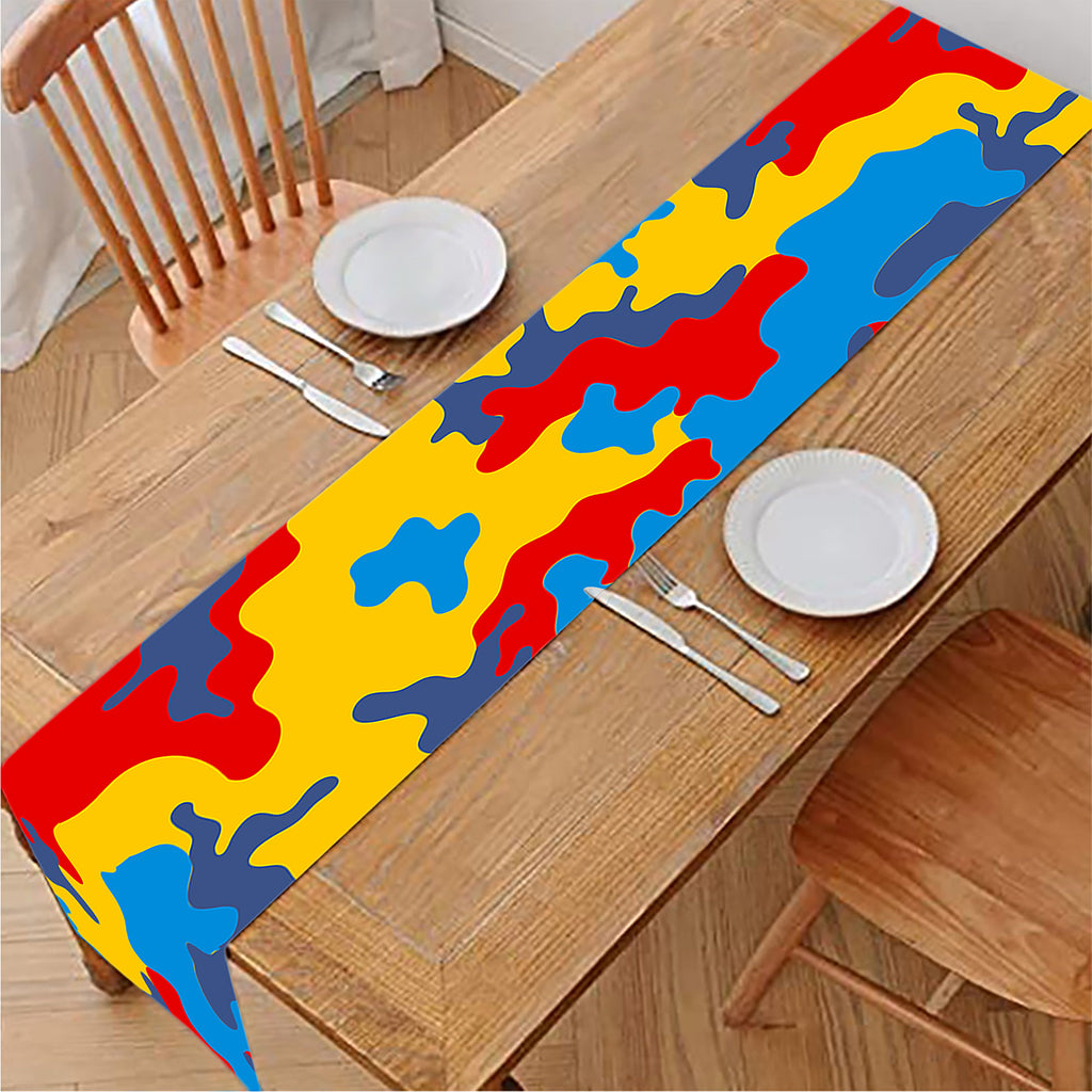 Red Yellow And Blue Camouflage Print Table Runner