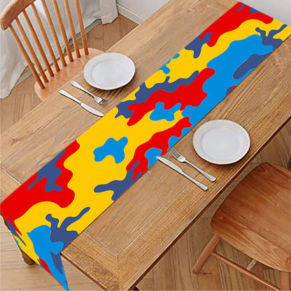 Red Yellow And Blue Camouflage Print Table Runner