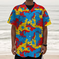 Red Yellow And Blue Camouflage Print Textured Short Sleeve Shirt