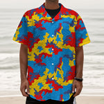 Red Yellow And Blue Camouflage Print Textured Short Sleeve Shirt