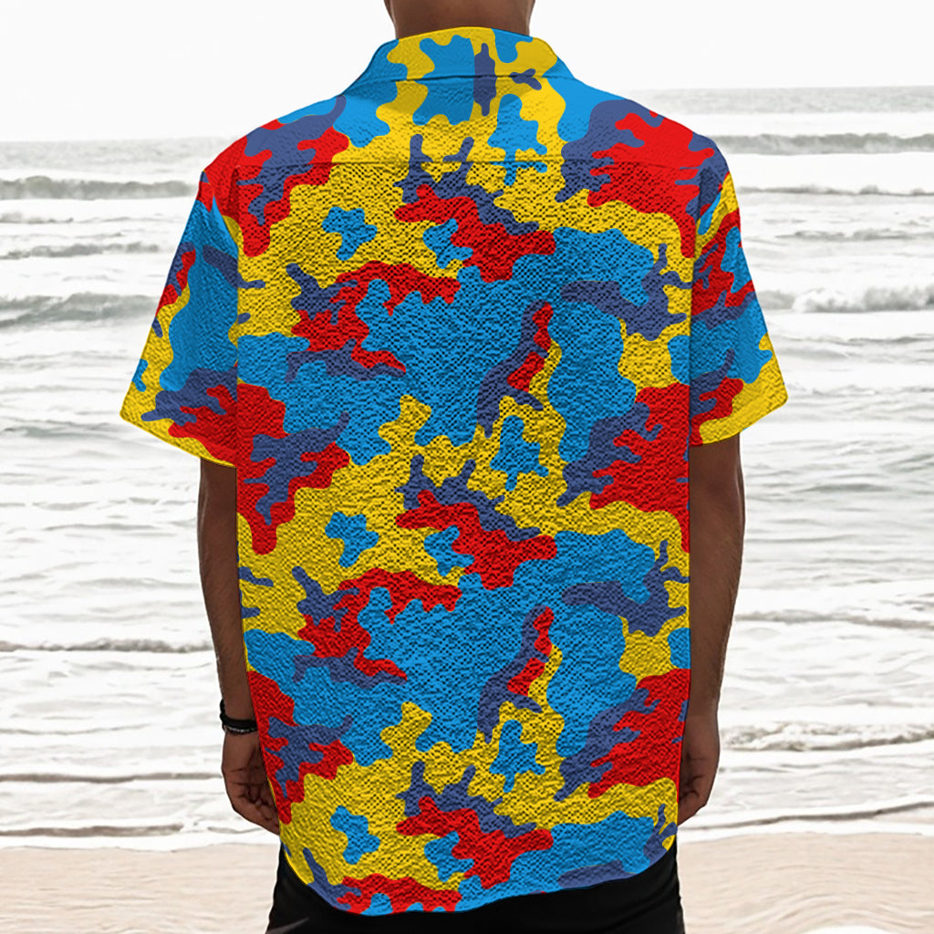 Red Yellow And Blue Camouflage Print Textured Short Sleeve Shirt