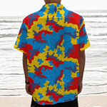 Red Yellow And Blue Camouflage Print Textured Short Sleeve Shirt