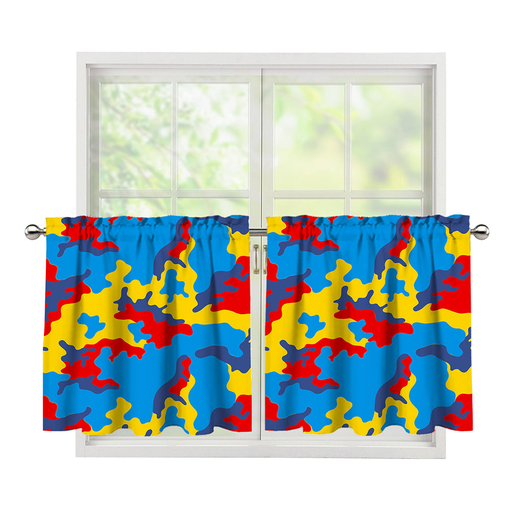 Red Yellow And Blue Camouflage Print Tier Curtains